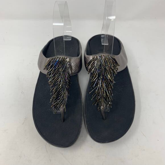 Fitflop Rumba Size 7 Pewter Silver Metallic Leather Beaded Fringe Sandal Wedge - Picture 3 of 8
